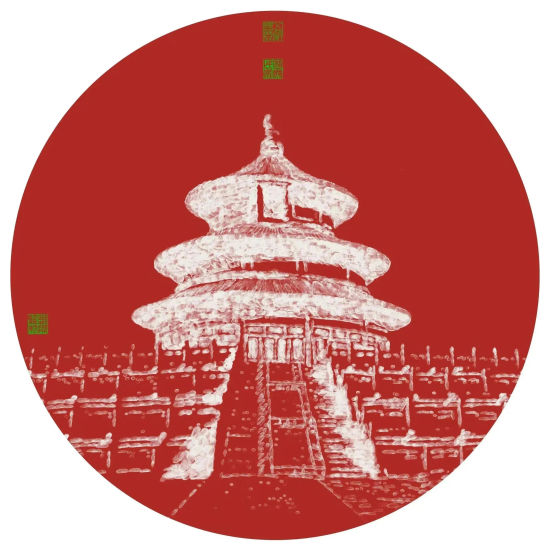 艺术家邹操与万名乡村孤寡老人共创的《天坛》指纹画